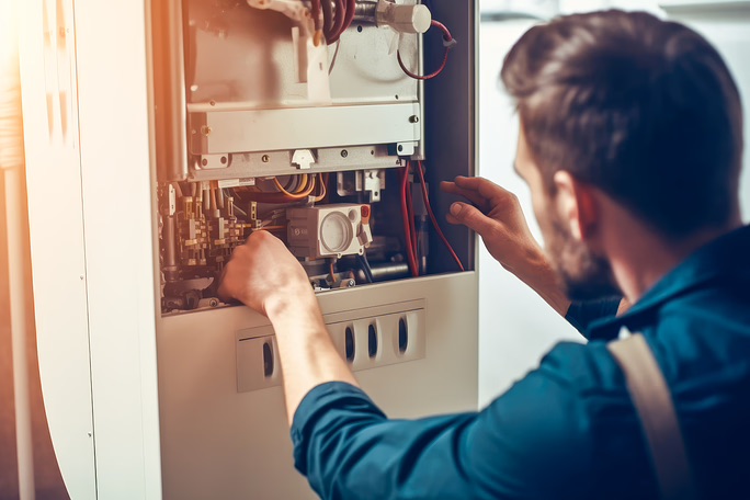 Repairman fixing a broken electric boiler or furnace with focus on his hand. High quality generative ai