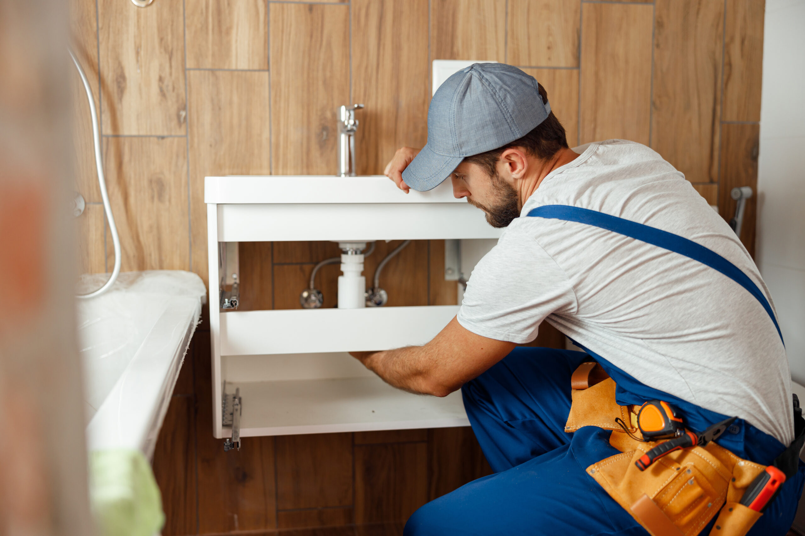 Professional plumber, male worker in uniform installing sink and water pipe in new apartment